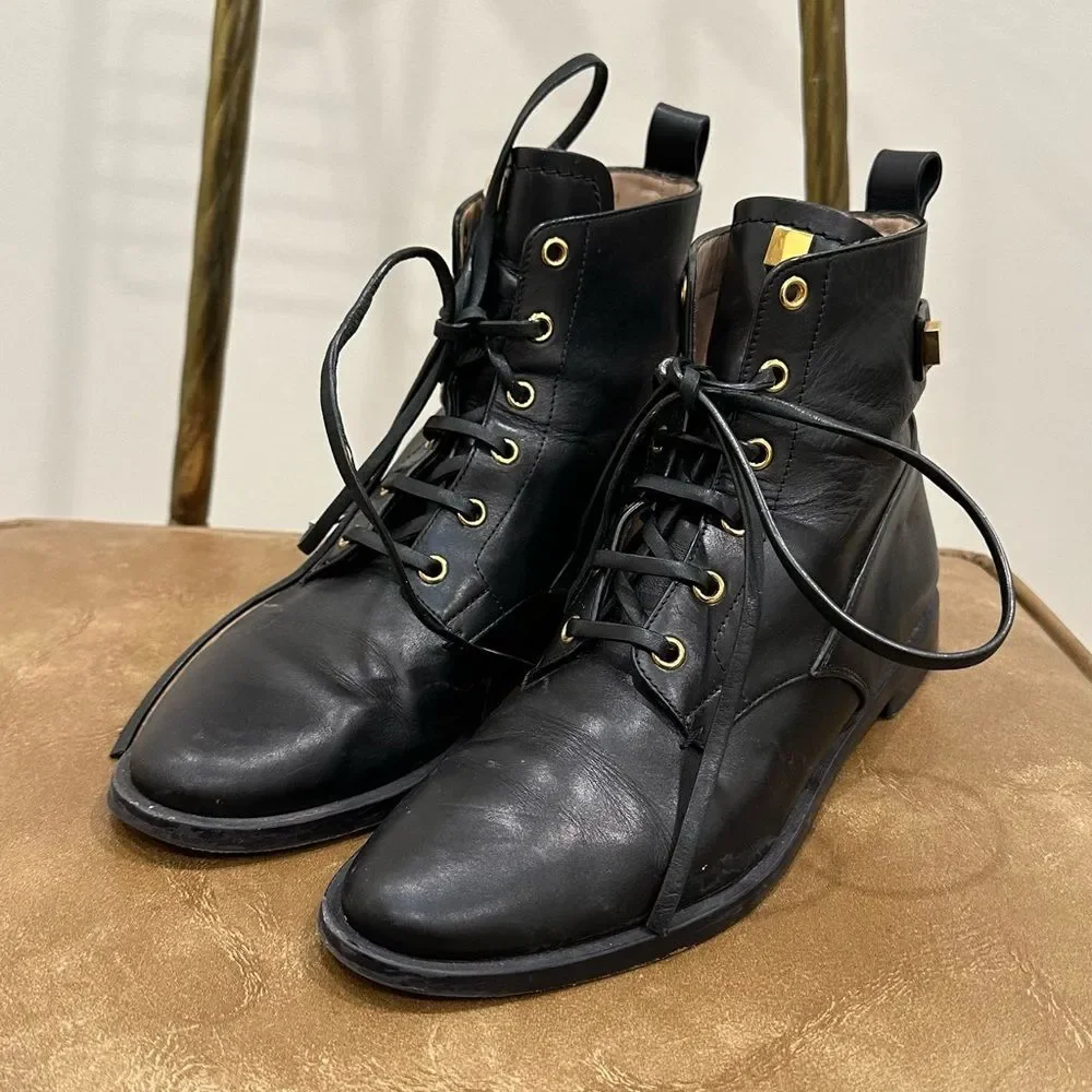 Stuart Weitzman Womens Black Leather Ryder Boots Gold Rockstud Lace Up Sz 8W - Picture 5 of 6